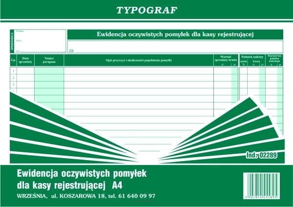 EWIDENCJA OCZYWISTYCH POMYŁEK FORMAT A4